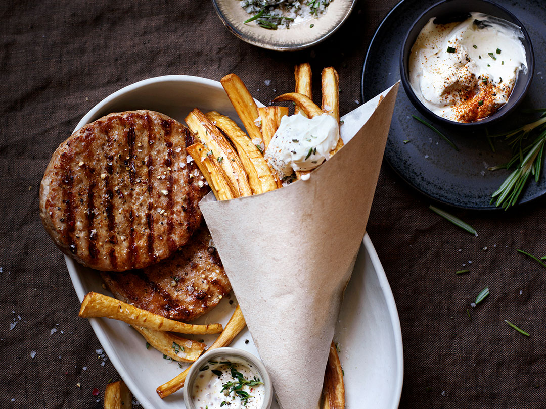 Iberico Burgers and parsnips fries with rosemary salt