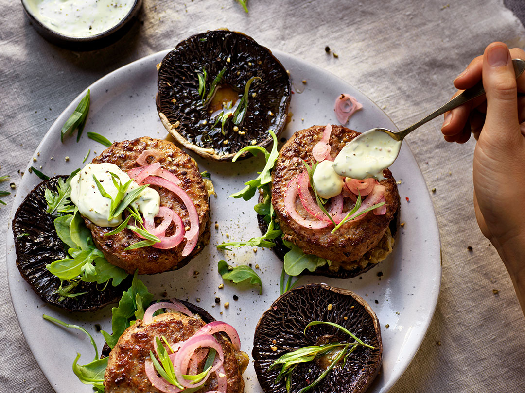 Portobello Lamb burger with babaganoush