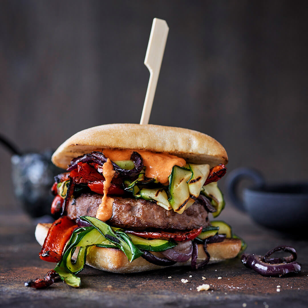 The Frozen Butcher Lamb Burgers, grilled vegetables and harissa mayonnaise