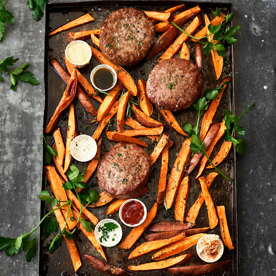 Oven roasted sweet potato fries and The Frozen Butcher US Beef Burgers